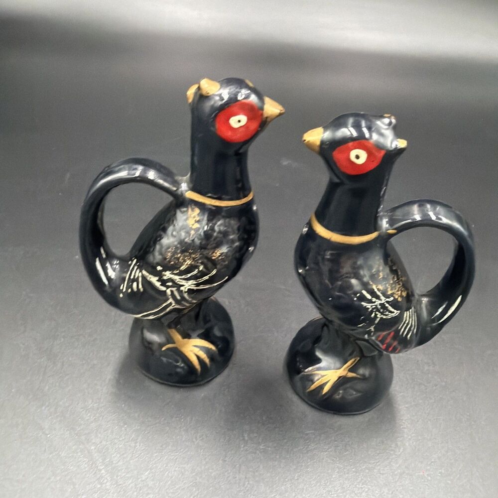 Vintage Relco Redware Japan Black Pheasants Birds Salt & Pepper Shakers.  VGUC